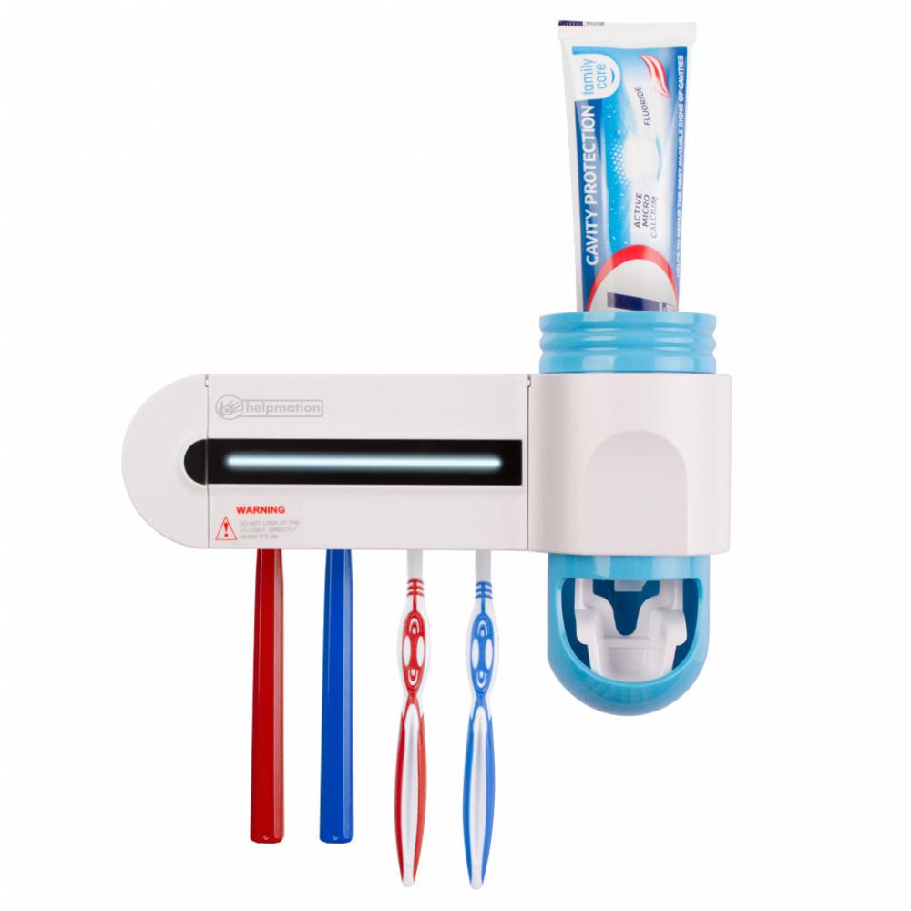 Helpmation GFS-302 - Bezdotykový dávkovač pasty a sterilizér zubních kartáčků.

Automatický dávkovač pasty a sterilizér zubních kartáčků Helpmation GFS-302 je praktickým doplňkem, který Vám usnadní a ulehčí každodenní hygienu ve Vaší koupelně.



	Automatické dávkování pasty
	Praktický držák zubní pasty
	UV sterilizátor zubních kartáčků
	Držák 4 kusů kartáčků
	Všechny typy kartáčků včetně elektrických
	Automatické spuštění a ukončení sterilizace
	Provoz na adaptér/baterie
	Sanitizér zničí až 99% bakterií a virů
	Umístění na zeď





Praktický držák a dávkovač zubní pasty

S dávkovačem Helpmation budete mít zubní pastu vždy připravenou pro Vaši každodenní hygienu, bez zdlouhavého otevírání a zavírání zubní pasty.

Praktický dávkovač zubní pasty zajistí pohodlné a rychlé dávkování pasty na jakýkoliv kartáček.

UV sterilizér s držákem zubních kartáčků

UV sterilizér spolehlivě zbaví Vaše kartáčky až 99% bakterií a virů.
 

Chytrý UV sterilizér Helpmation udrží kartáčky vždy čisté, i v době Vaší nepřítomnosti.

Jak udržet kartáček v čistotě

Běžným umytím kartáčku se bakterií nikdy zcela nezbavíte.



Technické informace:



	Model: Helpmation GFS-302
	Rozměry: 200x130x70 mm 
	Váha: 277,5 g 
	Napájení: adaptér / baterie 
	Adaptér: DC 5V (součástí balení)
	Baterie: 3 ks AA, LR6 (nejsou součástí balení), starší verze 2 ks AA
	Barva: bílá/modrá
	UV světlo: 253,7 nm
	Životnost UV: 6 000 hodin
	Délka UV sterilizace: 8 minut
	Automatický mód: 1x za 12 hodin 
	Umístění: připevnění na zeď (3M páska/šroub)



Obsah balení:



	1x dávkovač pasty a UV sterilizér kartáčků
	1x adaptér
	1x sada pro montáž na zeď
	1x návod CZ/SK/EN